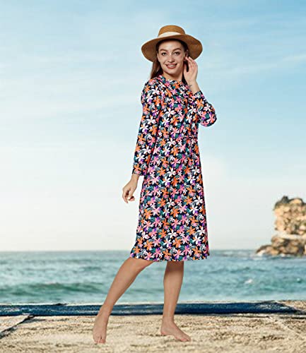 alvon Women Modest Swim Dress Knee Length Swimsuits Cover Ups UPF 50+ Sun Protection Long Sleeve Drawstring Floral XXL2