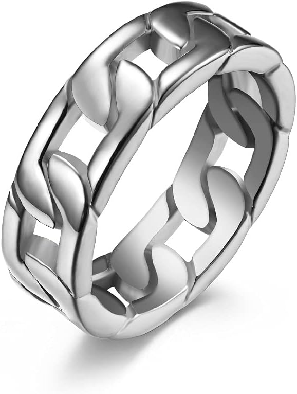 Cuban Link Rings for Men, Stainless Steel 7mm Wide Chain Band Ring Size 7-12
