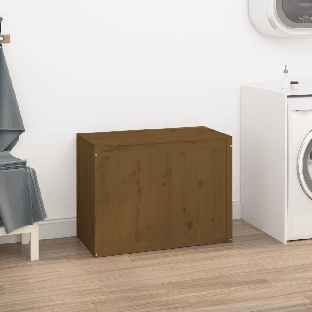 Mangloder Wäschetruhe aus massivem Kiefernholz in Honigbraun, 88,5 x 44 x 66 cm, 2 Fächer, Deckel mit Gasdruckfeder für Badezimmer, Schlafzimmer und Waschküche, Ordnung für Schmutzwäsche und Kleidung
