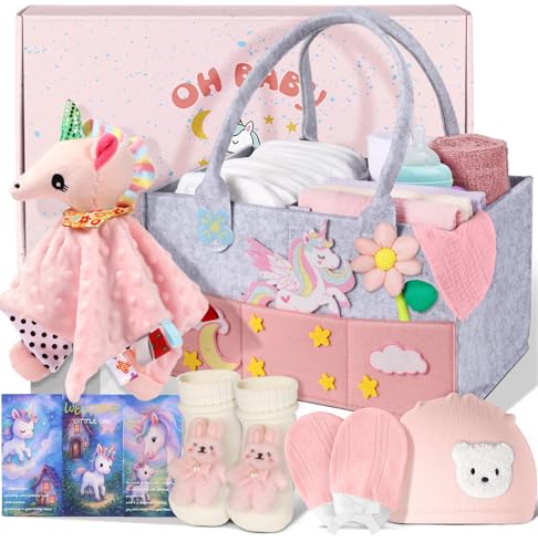 Image of Baby Shower Gift Basket - Baby Gift Set with Diaper Caddy, Gifts for New Mom, Gender Reveal Gifts, New Born Essential Include Security Blanket Hat Bib Socks Mittens, Girl