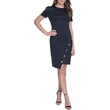 Tommy Hilfiger Women's Short Sleeve Studded Asymmetrical Hem Scuba Crepe Sheath Dress