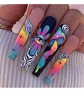 SIXDIAN Long Press on Nails Coffin Shape Fake Nails with Graffiti Flower Designs Glue on Nails Lo...