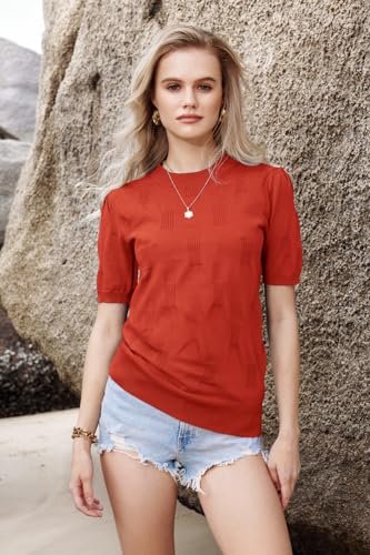 Image of Arach&Cloz Women's Short Sleeve Crew Neck Sweaters Trendy Teacher Work Tops | Lightweight&Breathable Fabric, Texture Knit Design, Relaxed Fit, Business Casual Outfits, Teacher Work Tops Fall 2026