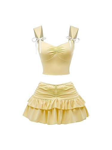 Women'S Lace Camisole With Ruffled Chest And Bow Decoration Skirt