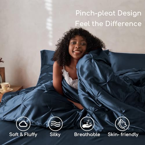 MR&HM Satin Comforter King 7 Pieces - Luxurious Pinch Pleat Bedding Set with Comforter, Flat Sheet, Fitted Sheet, Pillowcases & Shams, Super Silky Soft Bed Set for All Season (King, Mood Indigo)