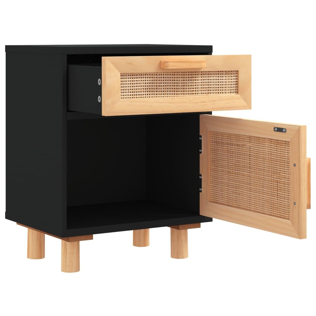 Home & Garden - Comodino in legno massello di pino e rattan naturale, colore: Nero