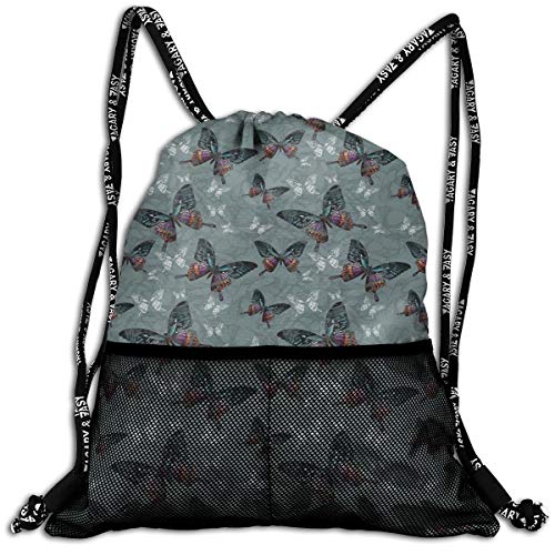 AZXGGV Drawstring Backpack Rucksack Shoulder Bags Gym Bag Sport Bag，Pale Toned Floral Background with Colorful Flying Animals Vintage Ethnic Elements