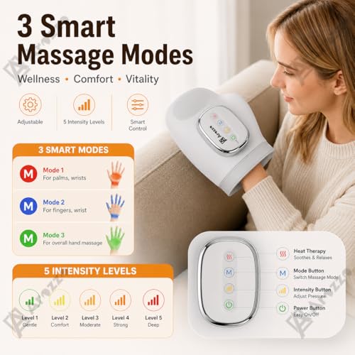 Image of Hand Massager with Heat & Compression - Wrap-Around Hand for Stress & Pain Relief - Arthritis & Carpal Tunnel Therapy - Cordless & Portable- 5 Massage Programs, 6 Intensity Levels- Finger , Wrist Relief and Knuckle Stretching Massage (A-2)