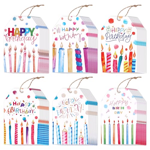 Glavatrix 60PCS Birthday Gift Tags Colorful Candles Happy Birthday Tags with Hemp Rope Paper Hanging Labels for Baby Shower Party Invitations Wish Card Presents Wrapping Supplies 6 Styles