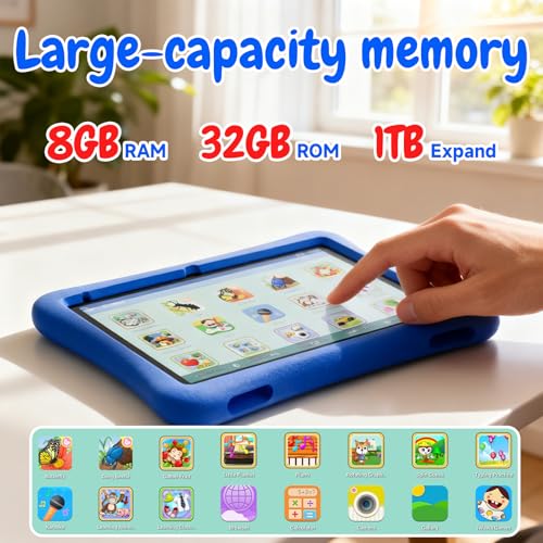 Image of ZZB Kids Tablet 10 Inch, Android 15.0, 8GB (3+5 Extended) RAM 32GB ROM (Expandable to 1TB) Dual Camera 6000mAh Preloaded with Kid-Friendly Apps Tablet with Case,Android Tablets for Kids (Deep Blue)