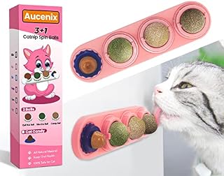 Aucenix Catnip Ball for Cats Wall, 3-In-1 Catnip Toys Balls for Cat Licking, Natural Rotatable Edible Treats Ball Roller with Self-Adhesive Kitten Candy for Cleaning Teeth, Protect Stomach (Pink)