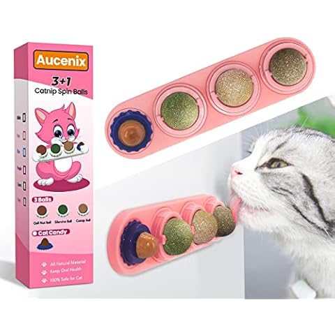 Aucenix Catnip Ball for Cats Wall, 3-In-1 Catnip Toys Balls for Cat Licking, Natural Rotatable Edible Treats Ball Roller with Self-Adhesive Kitten Candy for Cleaning Teeth, Protect Stomach (Pink) Cover
