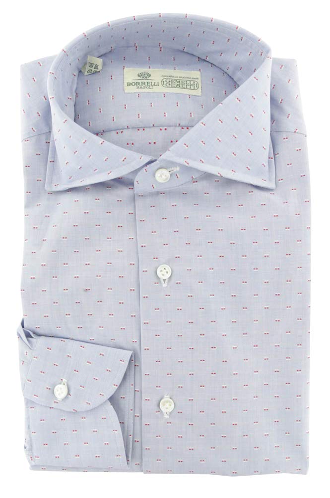 Luigi Borrelli Blue Patterned Button Down Spread Collar Cotton Slim Fit Dress Shirt Size Large 17