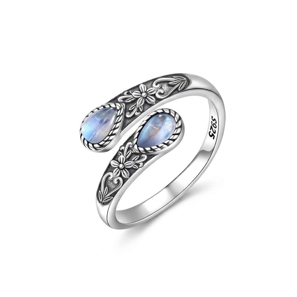 Mondstein Ring für Damen aus 925er Sterlingsilber Moosachat/Tigerauge/Türkis/Opal/Schwarzem Onyx Verstellbare Daumenringe im Vintage Löffel Blumen Schmuck Geschenk für Mutter Ehefrau