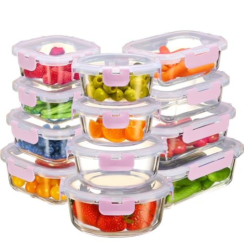 FineDine 24 Piece Glass Storage Containers with Lids - Leak Proof, Dishwasher Safe Glass Food Storage Containers for Meal Prep or Leftovers, Pink