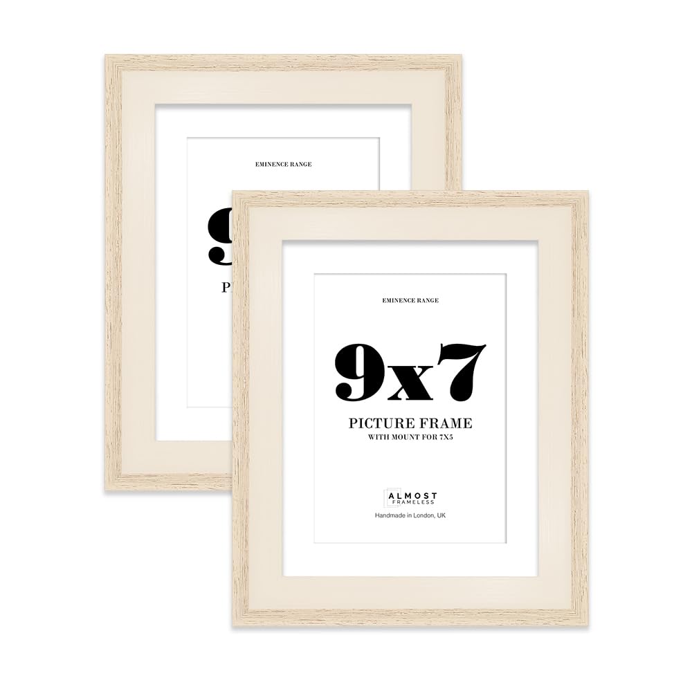 9x7" Oak Picture Frame with 7x5" Mount - Shabby Chic Photo Frame with Distressed Finish, Wall Hooks and Kickstand, 32mm Edge - 2 Pack