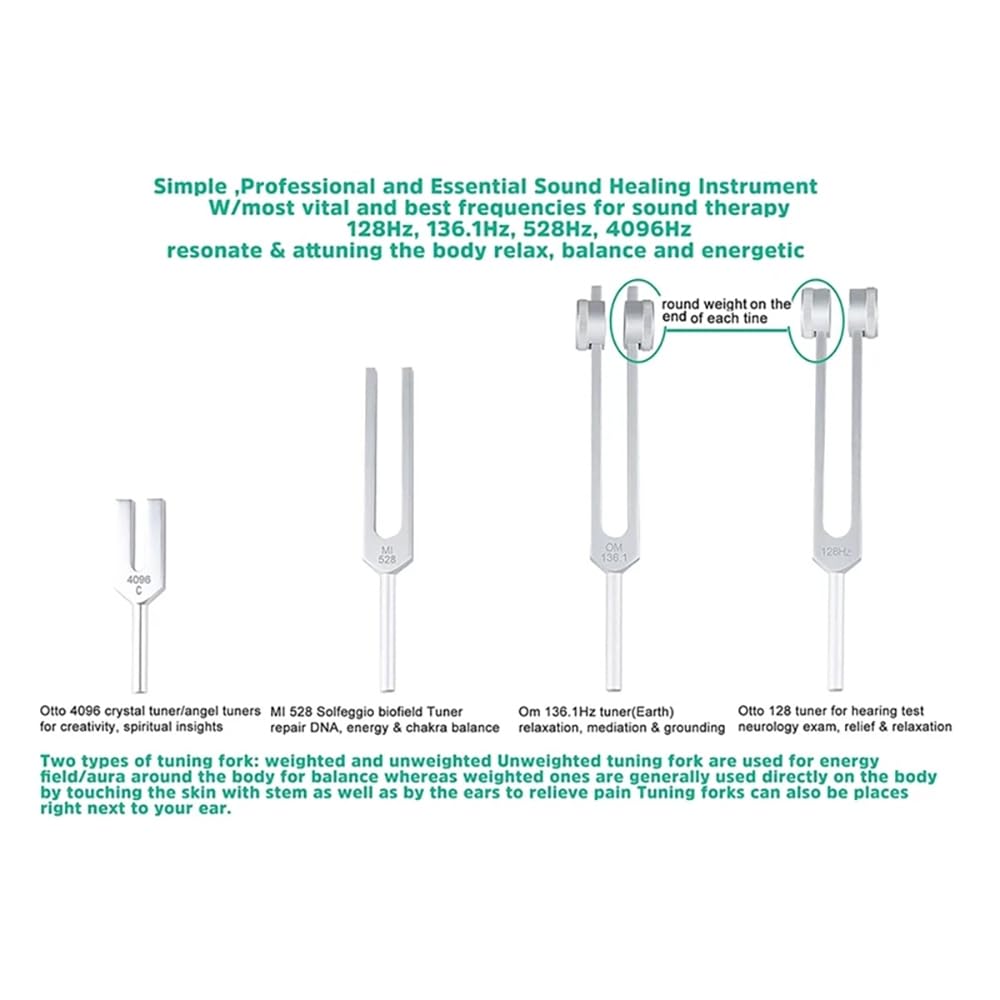 NEWFUN Diapason,Diapason 528 Hz,Juego de 4 diapasones (128 Hz, 136,1 Hz, MI 528 Hz, 4096 Hz) ideal para terapia, para terapia de chakras, terapia de sonido, mantener el cuerpo y la mente relajados