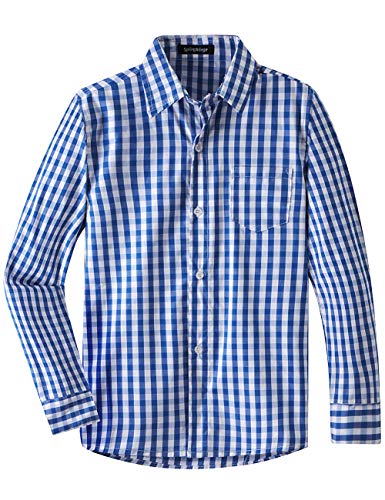 Spring&Gege Boys' Long Sleeve Poplin Button Down Shirt Plaid Uniform Dress Shirts, Royal Blue Large Check Gingham, 7-8Years