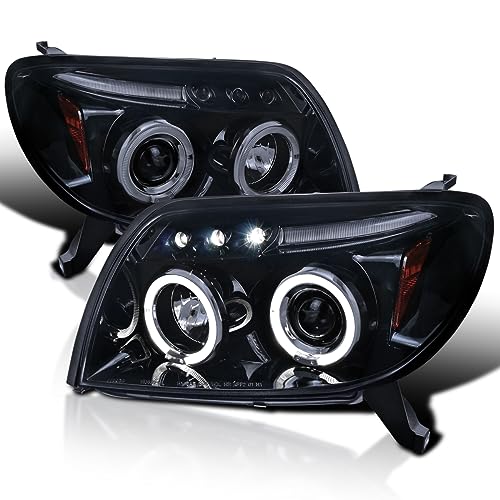 SPEC-D TUNING Halo LED Glossy Black Smoke Projector Headlights Compatible with 2003-2005 Toyota 4Runner Left + Right Pair Headlamps Assembly