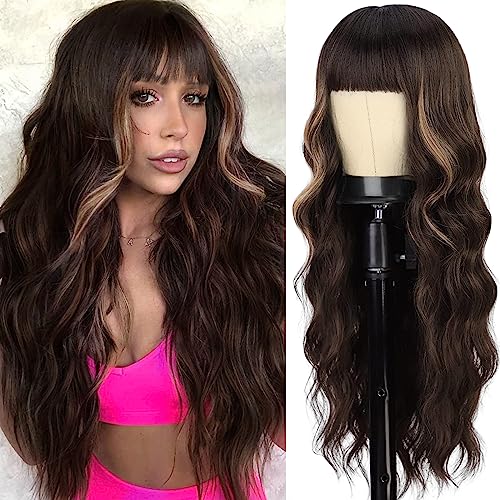 MERISIHAIR Brown Wavy Wig with Bangs,Synthetic Long Brown Highlight Wavy Wig,27inch Heat Resistant Fiber Curly Dark Brown Hair Wig for Daily Party Use (Dark Brown Highlight)