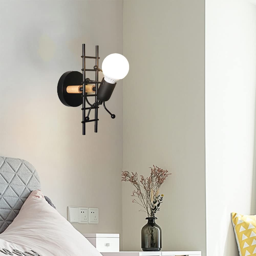 Créatif Applique Murale Métal Interieur Simple Éclairage Lampe de Mur E27 Luminaire pour Chambre à Coucher Chambre D'enfants Couloir Restaurant, Noir