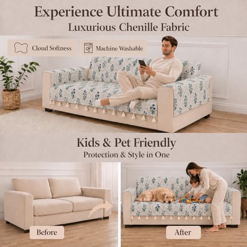 Image of STITCHNEST 'Eden Weaves Collection Series' 3 Seater Sofa Cover | Full Coverage with Armrest Pockets | Elegant Woven Fabric, Decorative Tassels, Washable & Durable for Modern Living