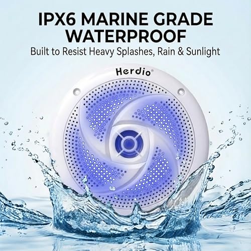 Image of Herdio 5.25 inch Bluetooth Marine Speakers, Low Profile Slim Design with LED Lights, 160W 2-Way Weather Resistant Outdoor Audio, Suitable for Boat, RV, UTV, ATV, Golf Cart (2-Pack, White)