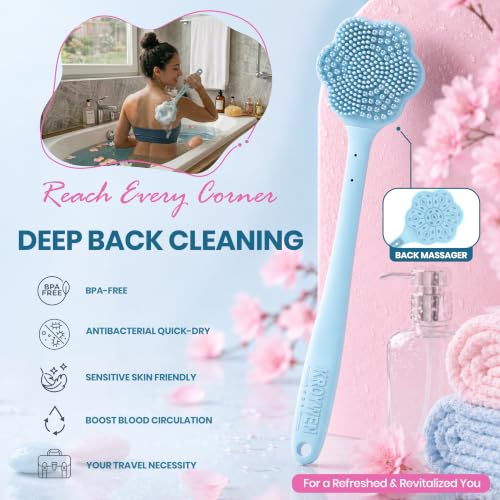 Image of KROYWEN Ultra Soft Primum Body&Back Exfoliation Combo Kit, Long Handle Back Brush; Face Scrubber Primum Brush; Soft Big Body Scrubber Brush; Royal Scalp Massager for Hair And Beard Buffer Spazzola; Strong Adhesive Hook-4pic |BPA-Free| for Men and Women.