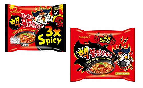 Sam Yang Hot Chicken Flavoured - 2X Spicy Chicken Noodles & 3X Extra Spicy Noodles - Imported, 140 Grams- Pack of Combo