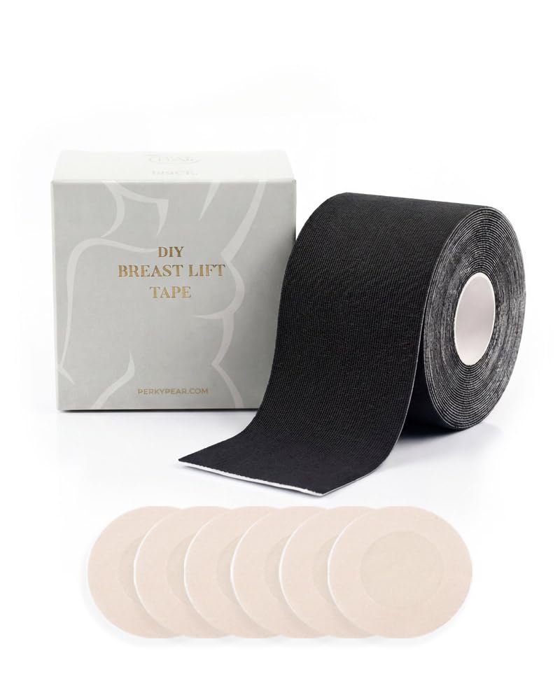 Perky Pear Women's Black Diy Lift Boob Tape [Cup Sizes A-Dd] - 5M Of 5Cm Wide Customisable Breast Lift Tape & 3 Pairs Nipple Cover Protectors (Black)