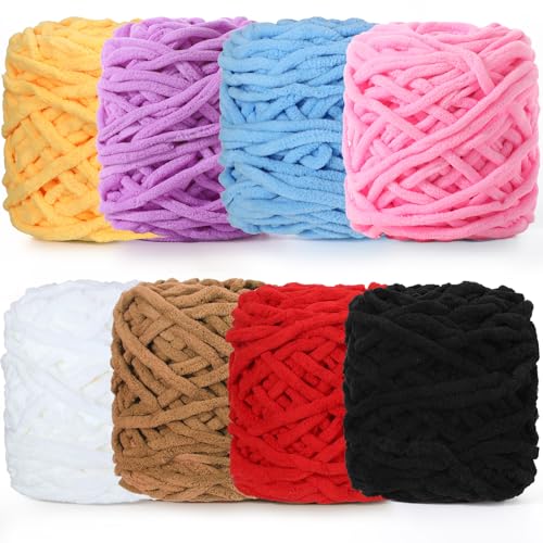Image of Buryeah 8 Pack Chunky Chenille Yarn for Crocheting Soft Thick Fluffy Yarn for Hand Knitting Bulky Velvet Blanket Plush for Weaving DIY Crafts Each 3.5 oz 55 Yards (Simple Colors)