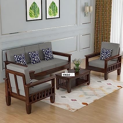 VMDJ FURNITURE Solid Sheesham Wood 5 Seater Sofa Set with Grey Cushions Living Room Home | Five Seater Sofa Sets for Office 5 Seater Sofa 3+1+1 Theak Finish
