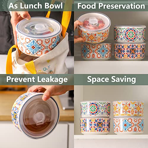 Ceramic Bowl with Lid: Microwave Safe Soup Containers Set of 4 for Meal Prep, Cereal, Salad, Picnic, Camping, Office Lunch, Kitchen Food Storage - 5 Inch, 20 oz, Design B