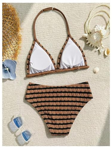 Image of RoseSeek Girl's Tie Dye Smocked 2 Piece Swimwear Sets Backless Halter Bikini Cute Brief Bathing Suit