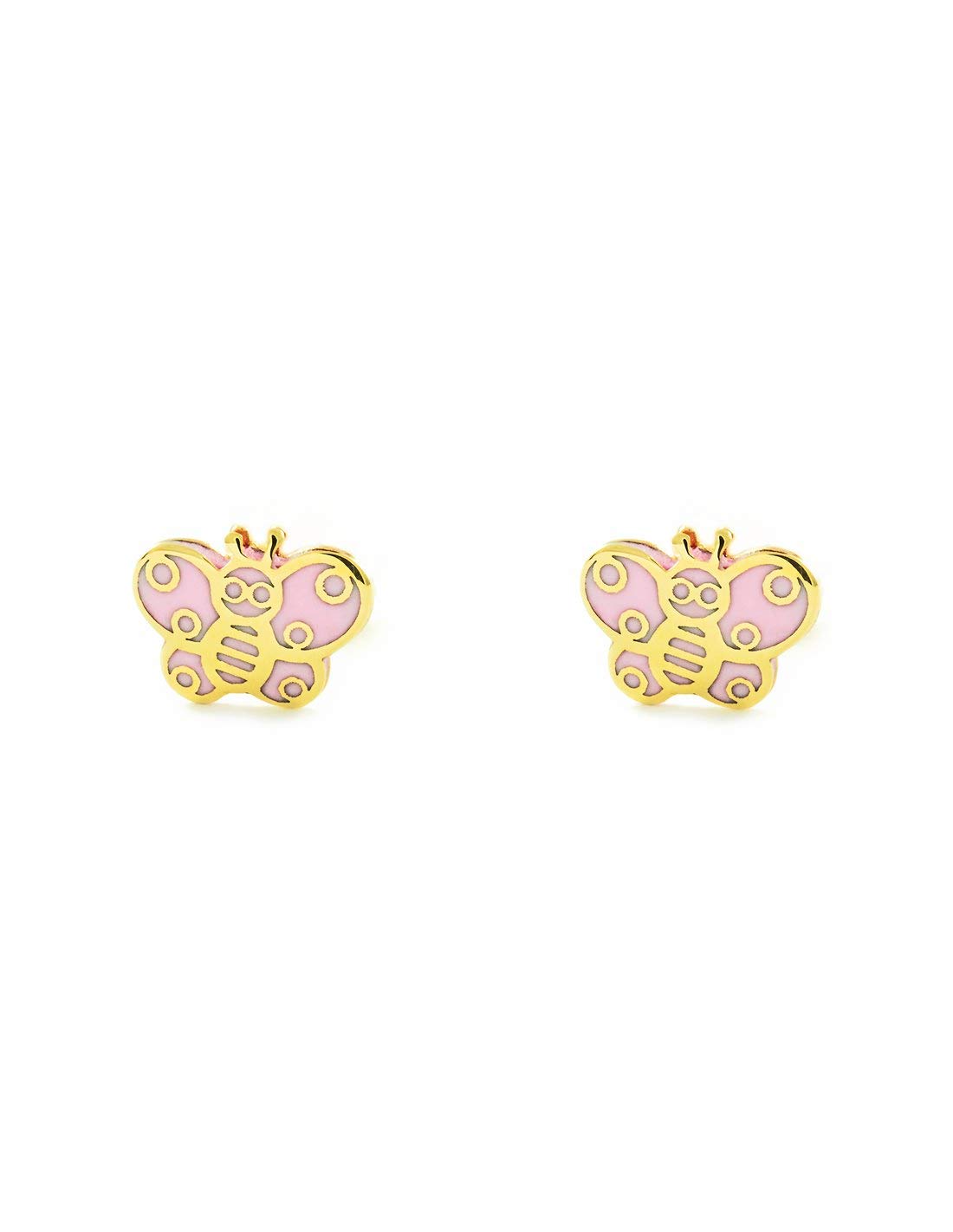 Monde Petit Pendientes Niña oro amarillo Mariposa esmalte rosa (9kts) - Estuche Regalo - Certificado de Garantía - Mondepetit