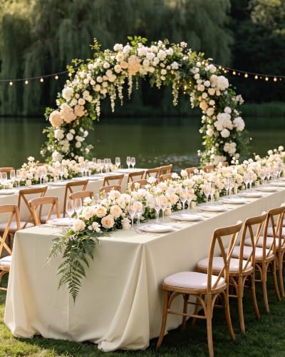 Image of Niuara Ivory Polyester Table Cloth, 6 Pack, 60 x 84 in | Rectangle, 5 ft Tables, Washable, Wrinkle Resistant, Weddings Parties
