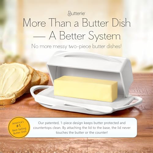 Image of Butterie Flip-Top Butter Dish with Lid & Matching Knife, Holds 2 Sticks /European Butter, No-Mess Butter Holder, Shatterproof, Dishwasher Safe, White (White)