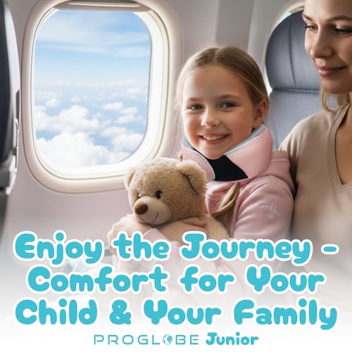 Image of Proglobe Junior Kids Travel Neck Pillow - Ergonomic Memory Foam Pillow for Airplane, Car, Booster Seat - Soft, Washable, Compact Travel Pillow with Strap - Light Pink - Ages 4-13