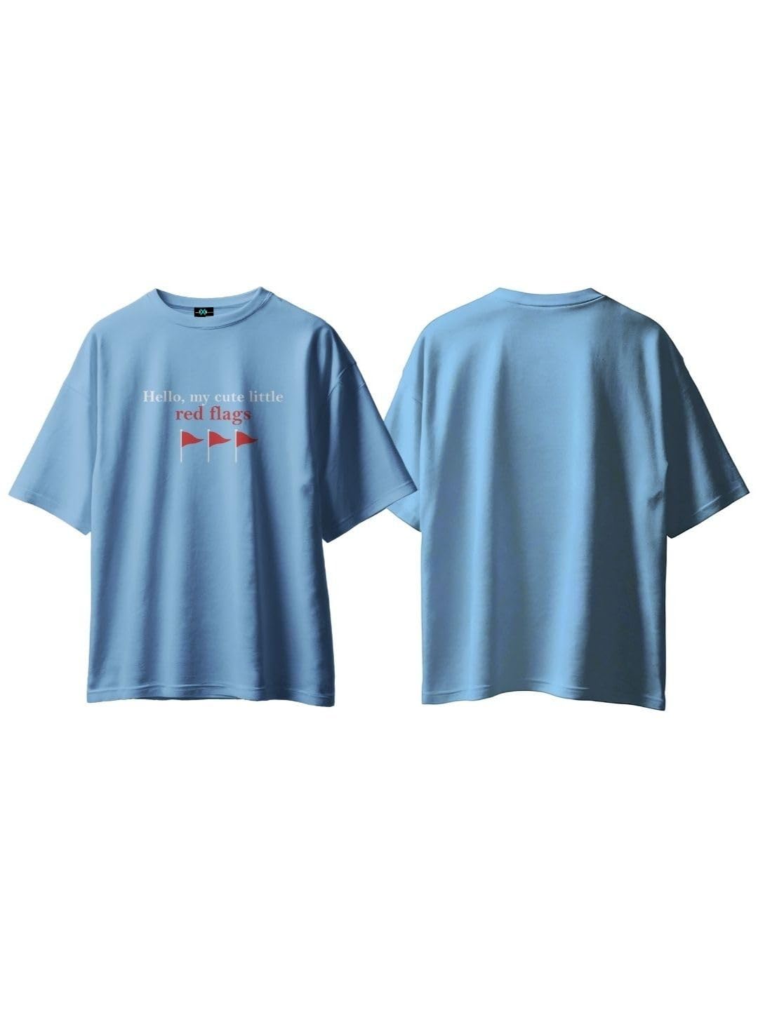 SXV STYLE Hello My Cute Little Red Flags Graphic T-Shirt, Short Sleeve, Oversized Fit, Black and Blue