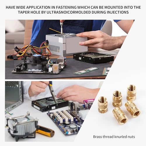Gewindeeinsatz, Set mit 300 Einpressmuttern, PP Box, mit Etikett. M2 M2,5 M3 M4 M5 M6 Messing Gewindeeinsätze, gerändeltes Einschmelzgewinde, geeignet für Kunststoffteile im Gewindeeinsatz 3D Druck