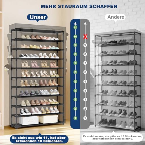 Mavivegue Schuhregal 11 Ebenen, Schuhschrank Hoch für 50 Paar Schuhe, Schuhaufbewahrung mit staubdichtem Überzug, Schuhaufbewahrung Stoff, Schuh-Organizer Metallgestell, für Flur, Wohnzimmer