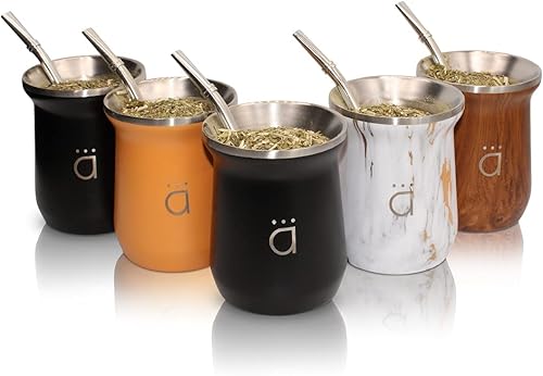 Miniatura 8 de Kalmateh New Yerba Mate Gourd - Vaso mate de acero inoxidable 188 de doble pared - Incluye pajita Bombilla y un cepillo de limpieza, 10 onzas (negro