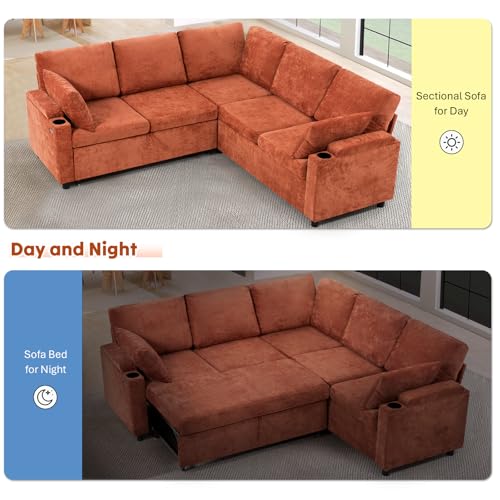 Image of 85 inch Chenille Sectional Sofa w /Pull Out Bed & Storage Space, Orange | Upholstery L Shaped Couch w /Cup Holders, Modern Corner Sofa w /USB Charging Port & Throw Pillow for Living Room