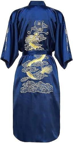 Bon Amixyl Mens Dragon Robe Kimono Robe Silk Bathrobes Printed Chinese Style Lightweight Open Front Long Cloak With Belt Open Front Long Sleepwear (Navy, Xl) #TOP1