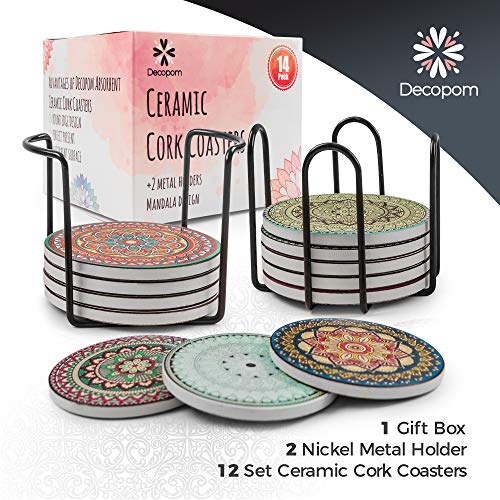 Decopom Drink Coasters Stone Mandala With Holders - 12 Pack Cute Cool Drink Coasters Absorbent Ceramic Round Edge With Cork Base And 2 Black Iron Holders For Apartment Table Bar Mugs Glasses Cup Beer #TOP1