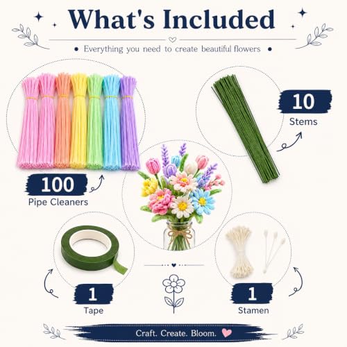 Image of Pipe Cleaners for Craft Flower Making,Fuzzy Chenille Stems and Fluffy Sticks with Floral Tape and Wire, for Kids Arts and Crafts|Pastel colors (pipe cleaners-100 /stem wire-15 /green tape-1)