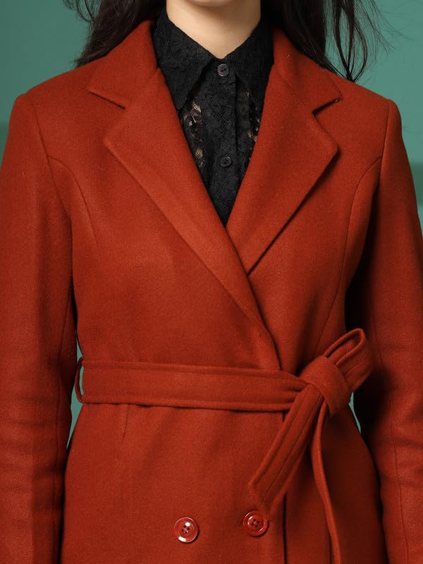Image of CHKOKKO Polycotton Winter Wear Double Breasted Long Coat for Women Rust L