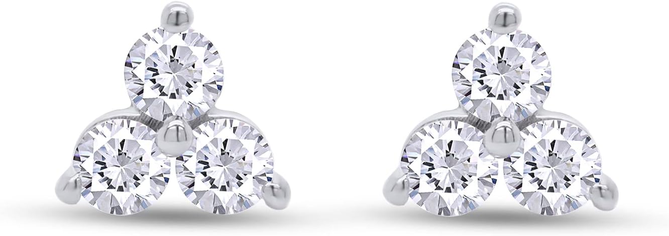 3-Stone Stud Earring for Women Round Lab Created Moissanite or Lab Grown Diamond Cluster studs in 14k Gold Plated 925 Sterling Silver Jewelry