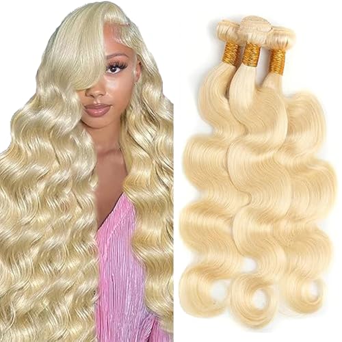 AuokMar 34 pulgadas # 613 Light Blonde Cabello Humano Cabello Humano Premium sin procesar extensiones de pelo Remy brasileño para mujeres, 3 paquetes, total 150 g