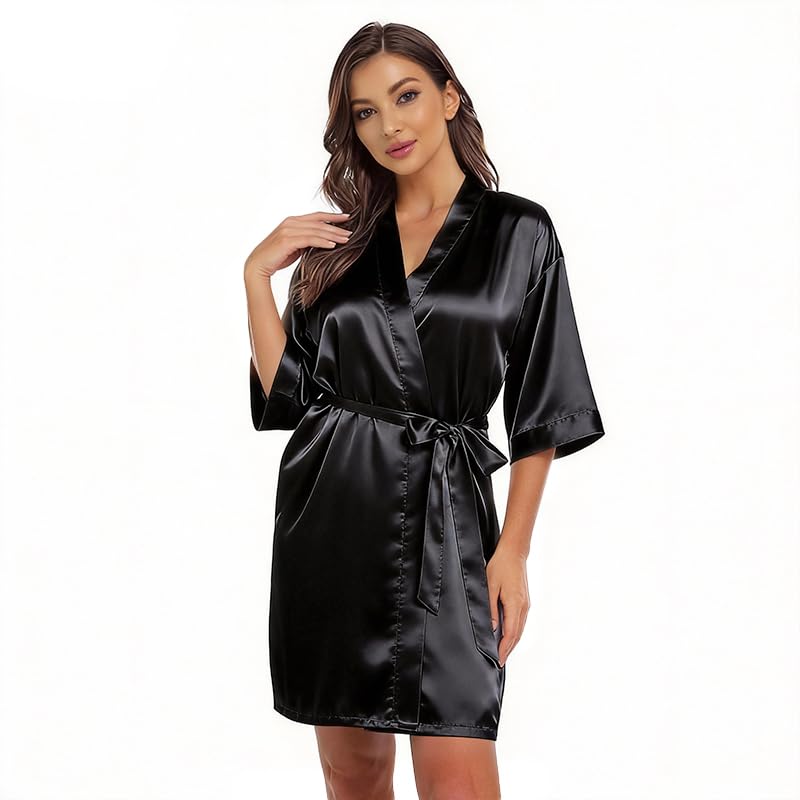 Image of Women's Bride Bridesmaid Robes Short Satin One Size Silver Rhinestones Wedding Party Getting Ready Sleepwear